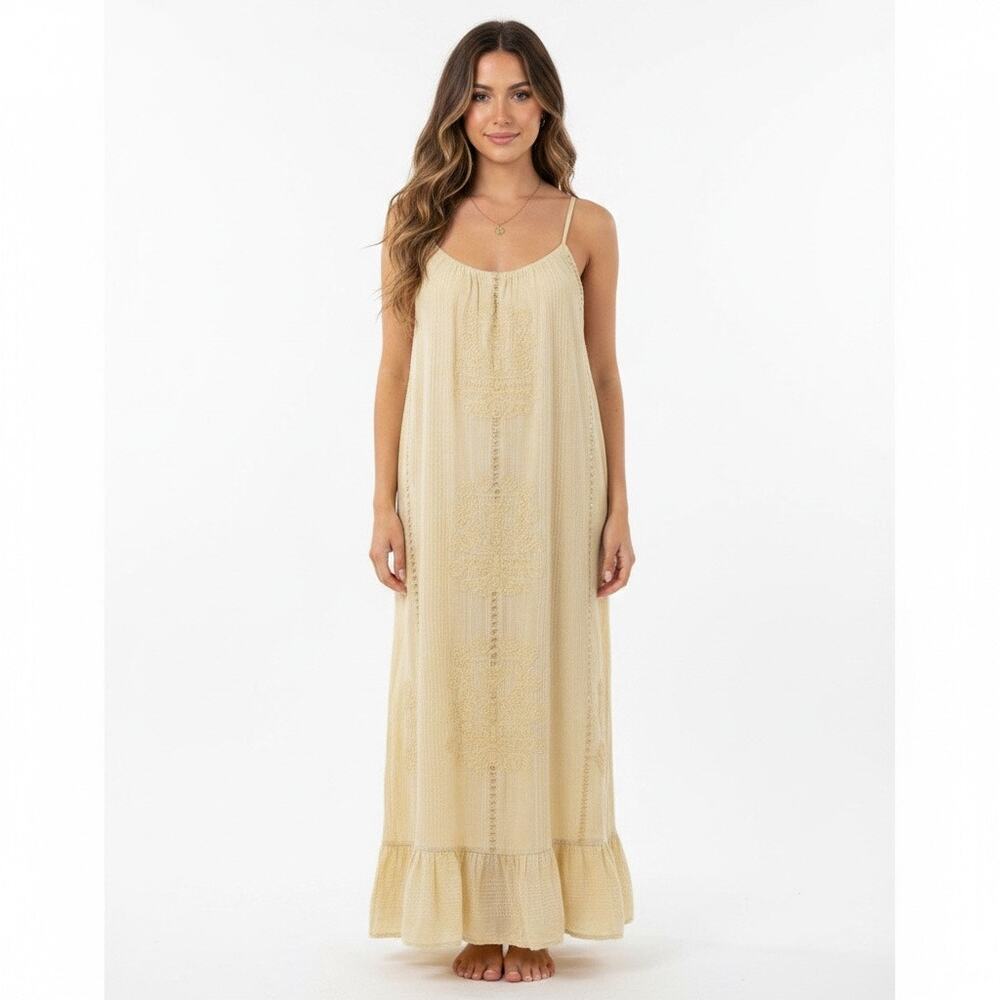Zara Embroidered Relaxed Cotton Maxi Dress Butter Yellow Boho Sleeveless Large